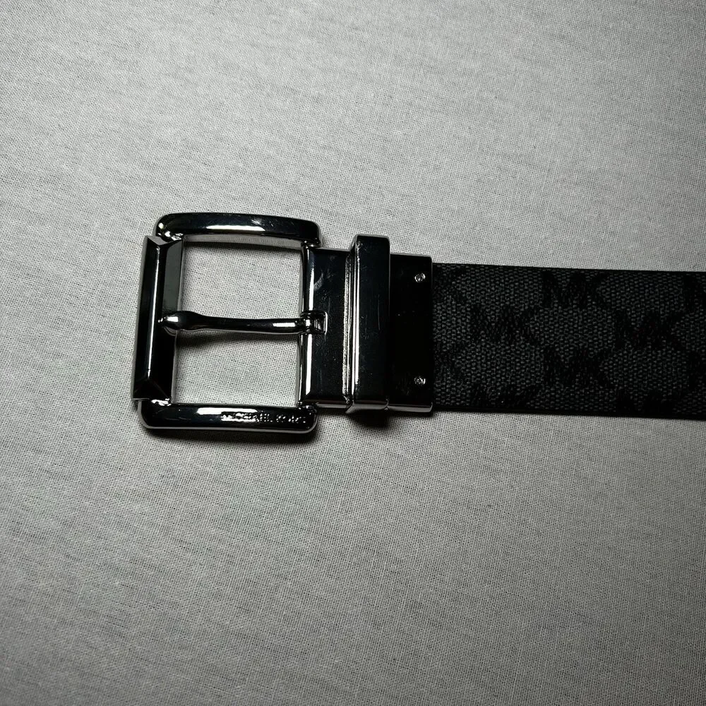 Michael Kors reversible belt, black / gray logo, silver buckle, Size M (est)